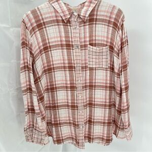 Soft Surroundings Womens Button Down Plaid Shirt Size 3X Gauzy Cream Tan Pink